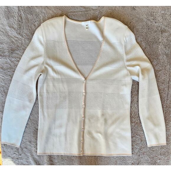 Escada Cardigan Knit Sweater Jewel Buttons Light Pastel Trim Viscose Blend, Sz L - Picture 4 of 11